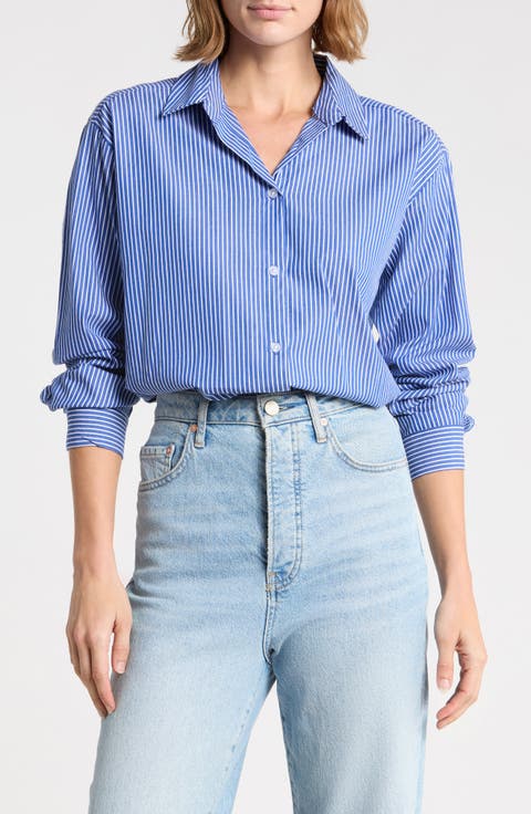 Marin Stripe Cotton Crop Bubble Hem Shirt