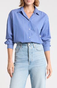 beachlunchlounge Marin Stripe Cotton Crop Bubble Hem Shirt