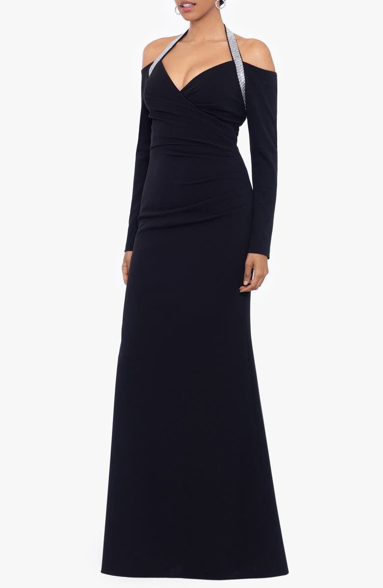 Betsy & Adam Rhinestone Halter Neck Long Sleeve Gown, Alternate, color,