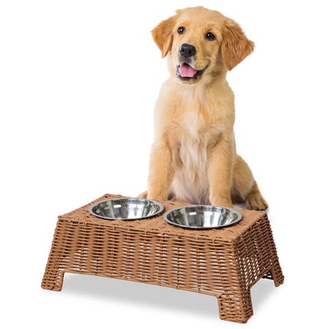 Serenity 6.9" Small/Medium Elevated Wicker Pet Feeder with 18oz (2.2 Cups) 2-Stainless Steel Bowls