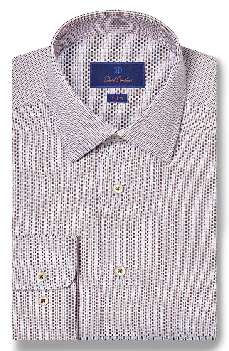 David Donahue Trim Fit Micro Dobby Cotton Dress Shirt, Main, color, Chocolate/ Sky