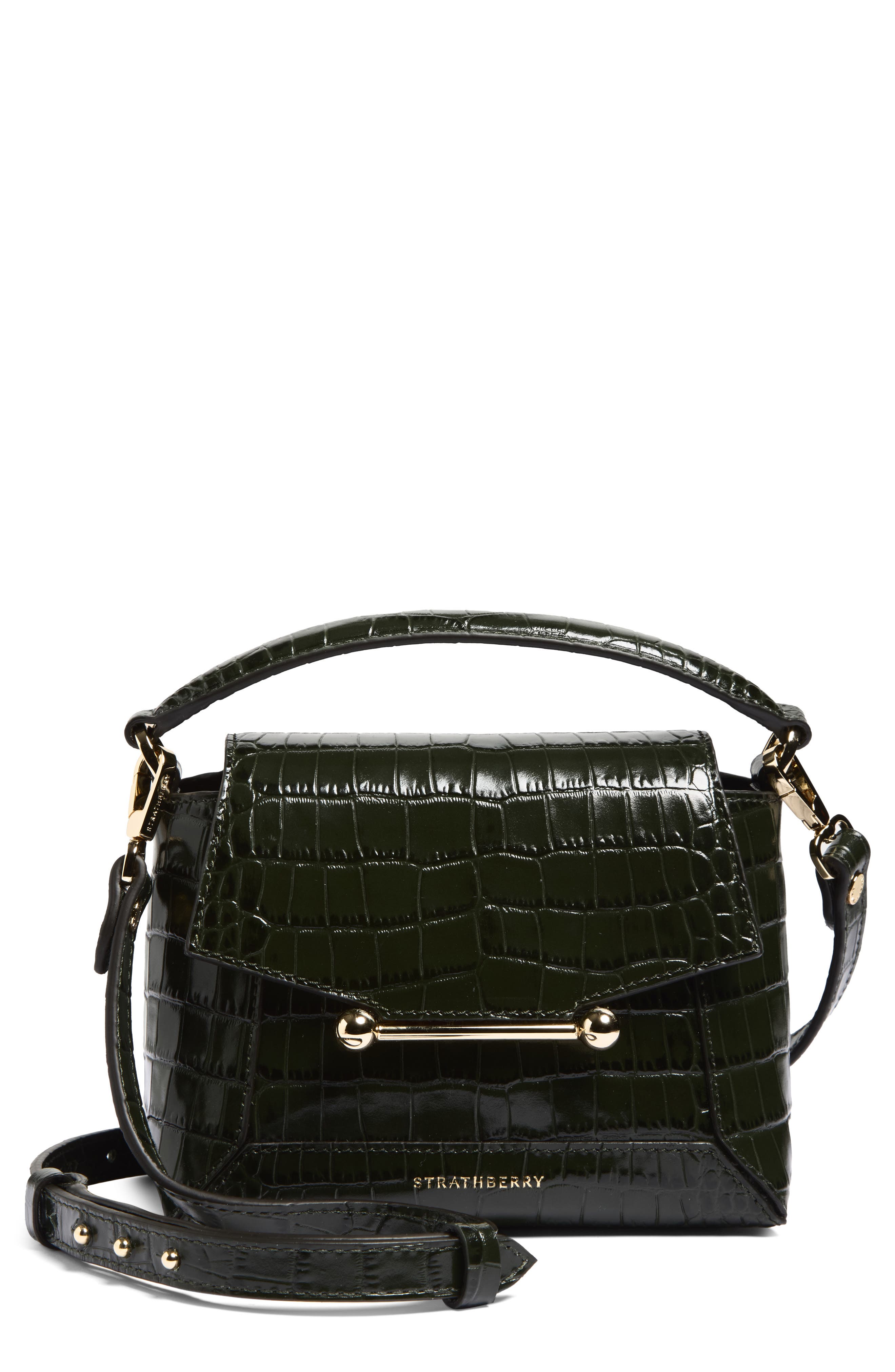 Strathberry Nano Mosaic Croc Embossed Leather Handbag, Main, color, Forest