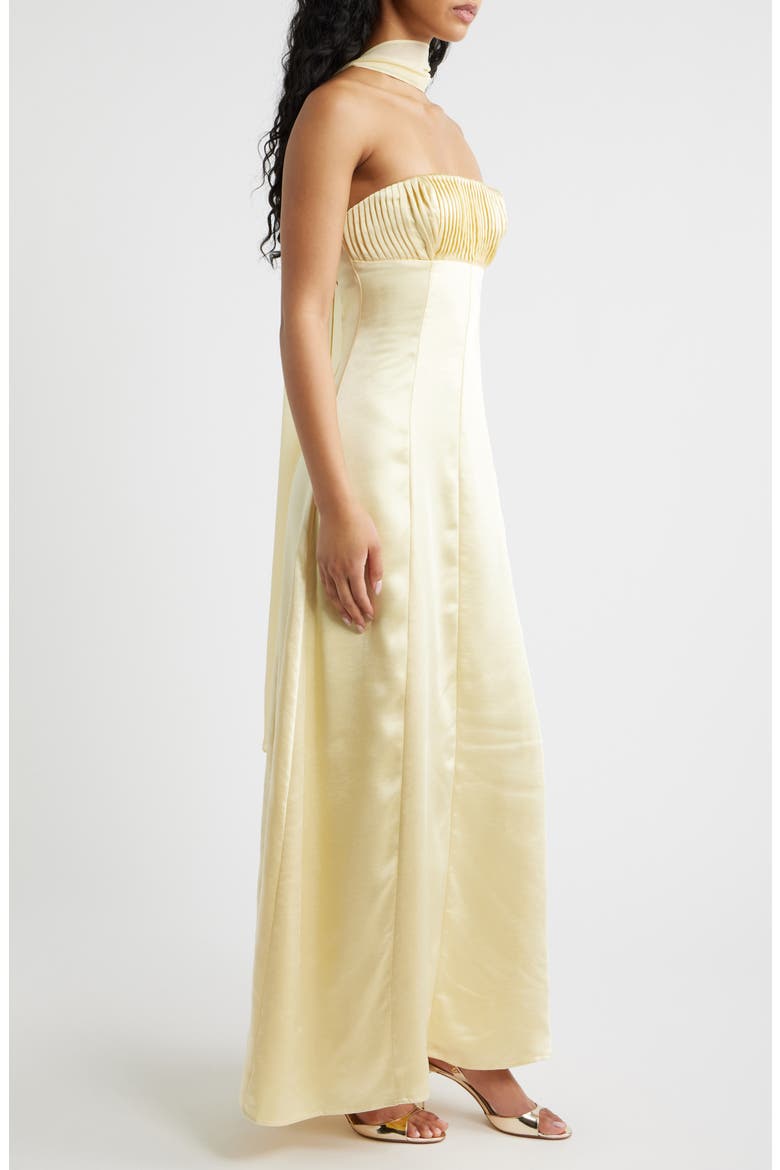 Masterpiece Pleated Strapless Satin Gown, Alternate, color, YELLOW