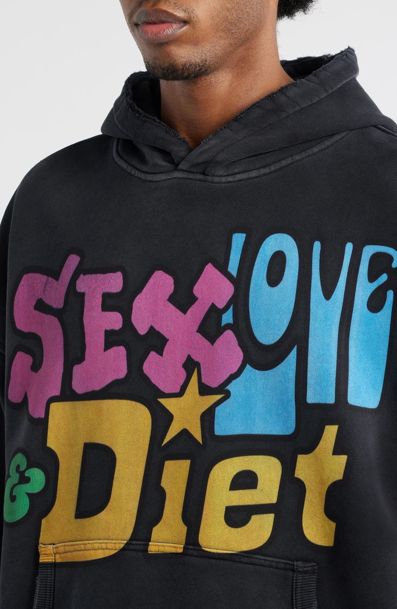 DIET STARTS MONDAY Sex, Love & Diet Oversize Distressed Cotton Hoodie, Alternate, color, Vintage Black