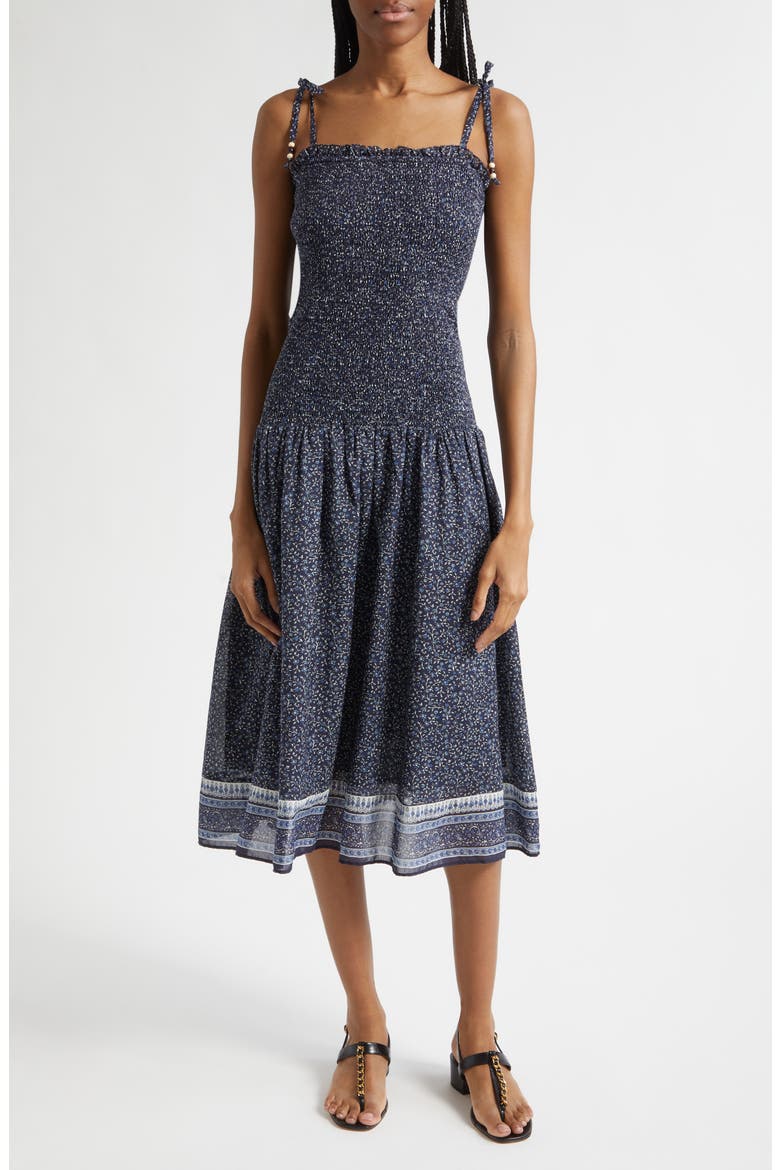 Mariette Smocked Drop Waist Cotton Blend Sundress, Main, color, NAVY MULTI