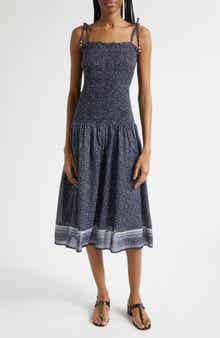 Mariette Smocked Drop Waist Cotton Blend Sundress
