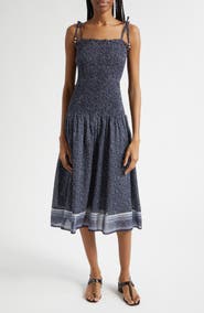 Veronica Beard Mariette Smocked Drop Waist Cotton Blend Sundress