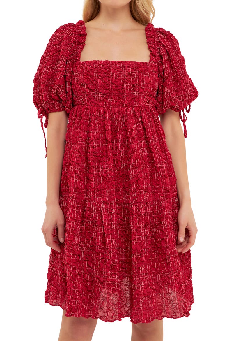 Gingham Crinkled Flounce A-Line Dress, Alternate, color, BURGUNDY