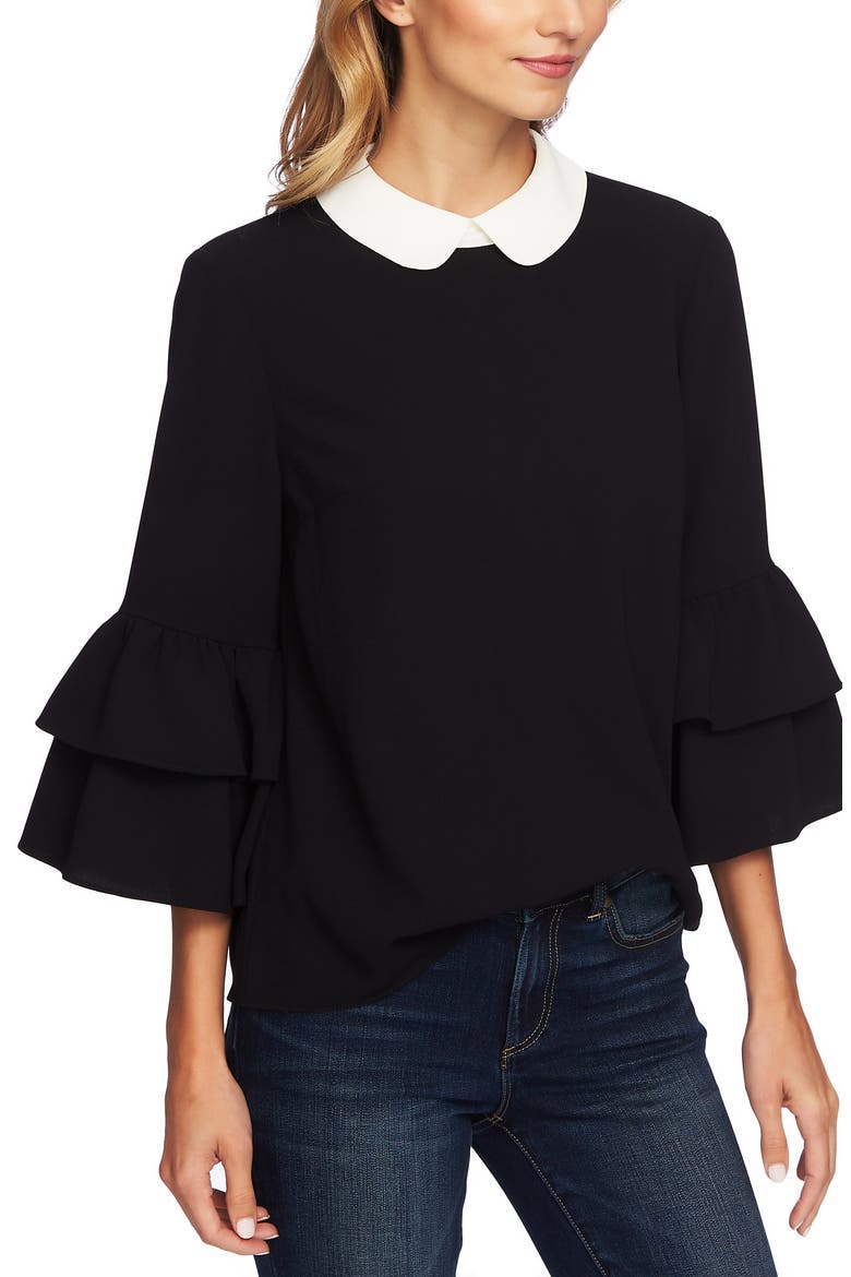 Peter Pan Collar Ruffle Sleeve Blouse, Alternate, color, RICH BLACK