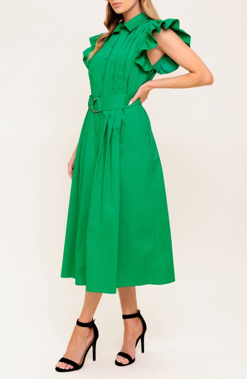 Flying Tomato Ruffle Cap Sleeve Belted Midi Shirtdress In Green