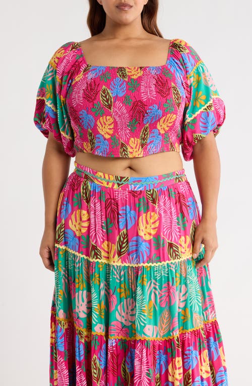 SUGARLIPS Smocked Puff Sleeve Crop Top in Fuchsia Pink 