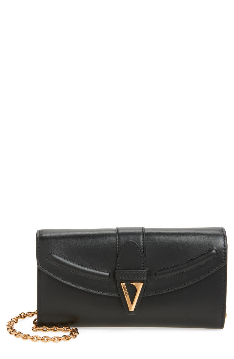 Versace V Leather Wallet on a Chain, Main, color, Black Versace Gold