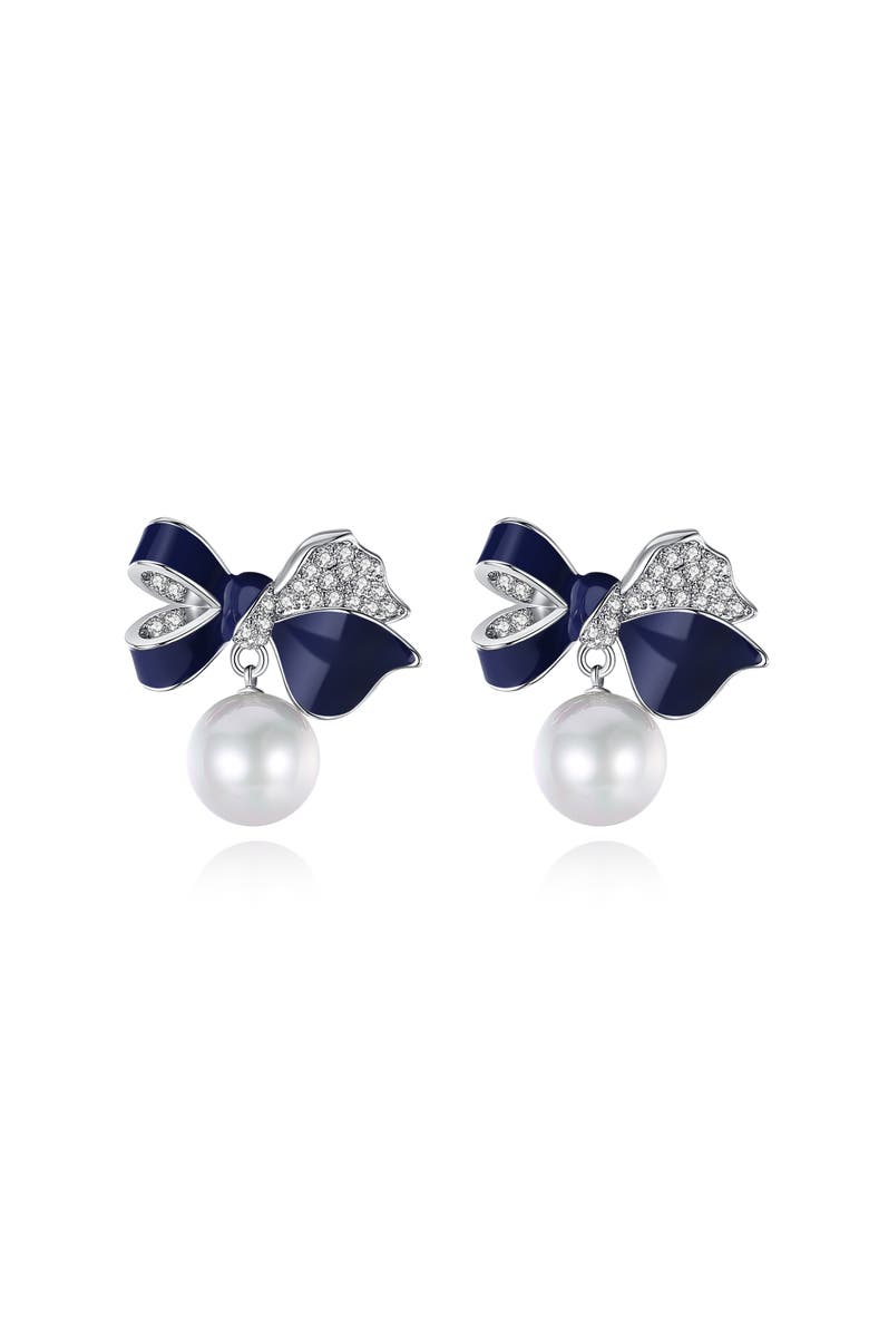 Classicharms Blue Enamel Butterfly Imitation Pearl Dangle Earrings, Main, color, Silver