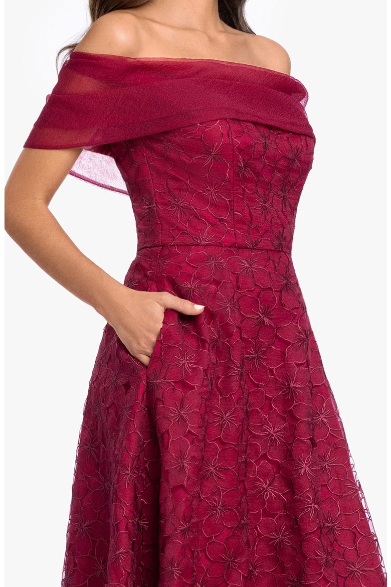Embroidered Off the Shoulder Midi Gown, Alternate, color, WINE