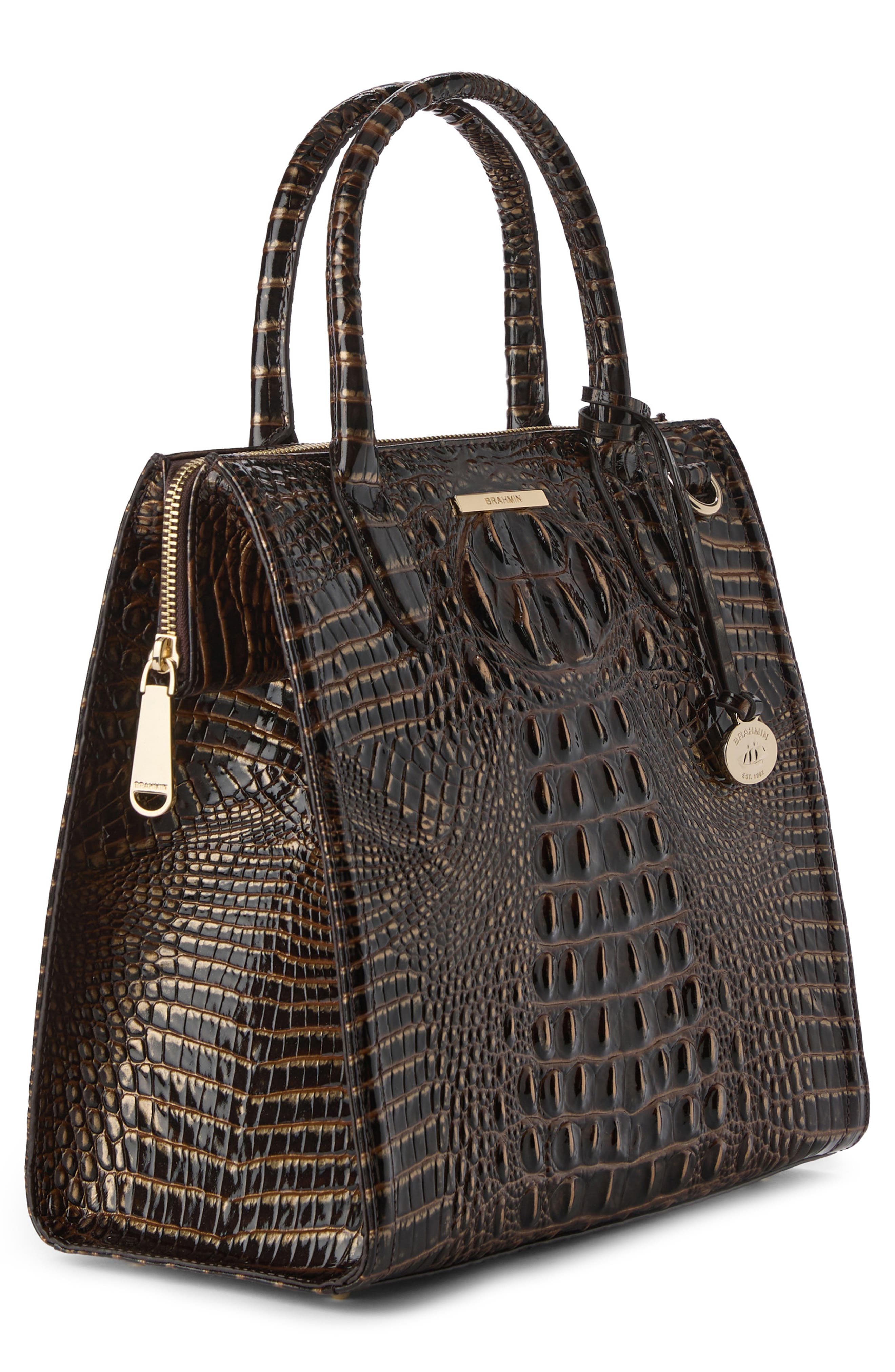 Brahmin Caroline Croc Embossed Leather Satchel, Alternate, color, Chocolate Melbourne