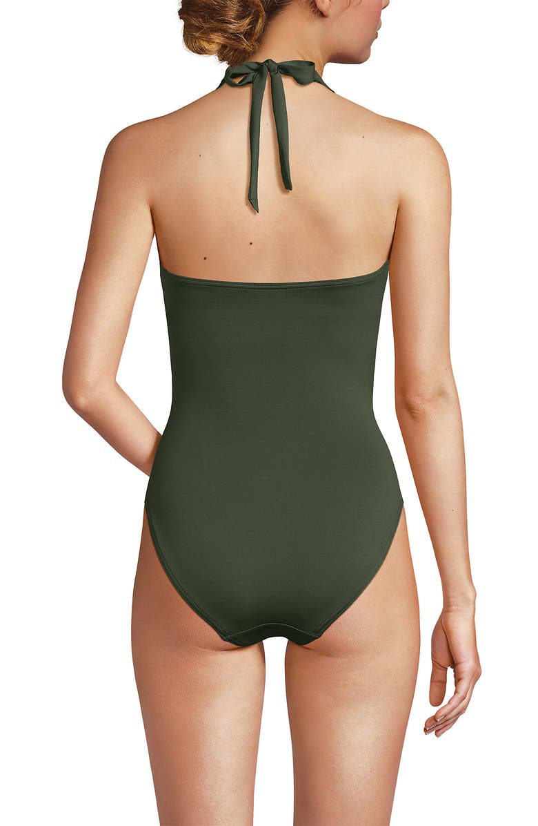 Lands' End Sculpting Suit Plunge Halter High Leg One Piece Swimsuit, Alternate, color, Rich Olive Green