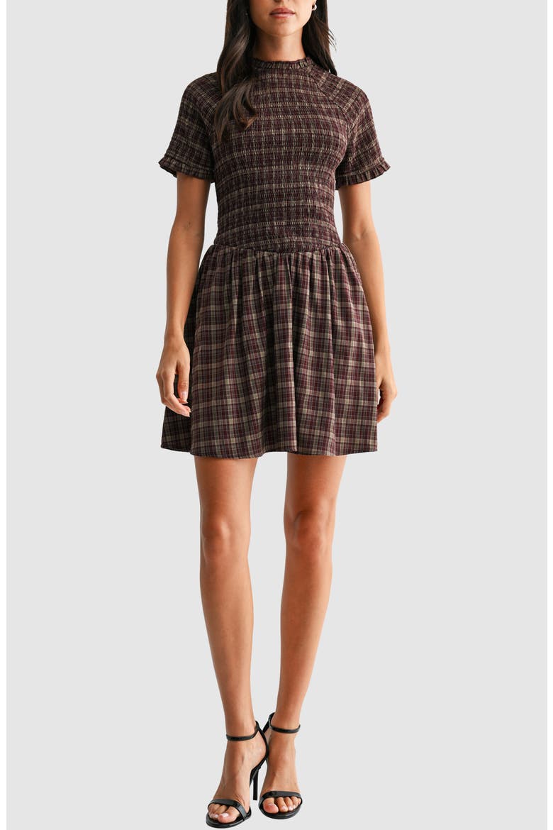 Smocked Fit & Flare Minidress, Main, color, TAUPE BURGUNDY PLAID