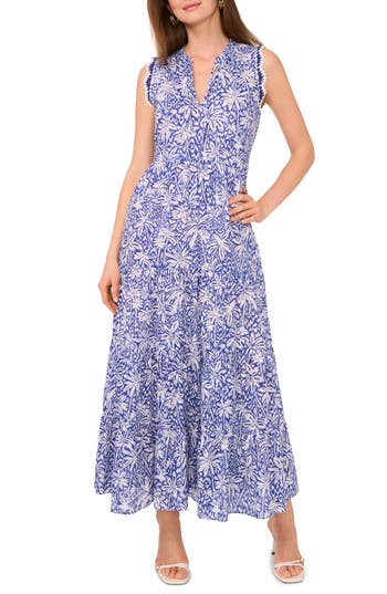 Vince Camuto Tie Neck Tiered Cotton Maxi Dress In Blue