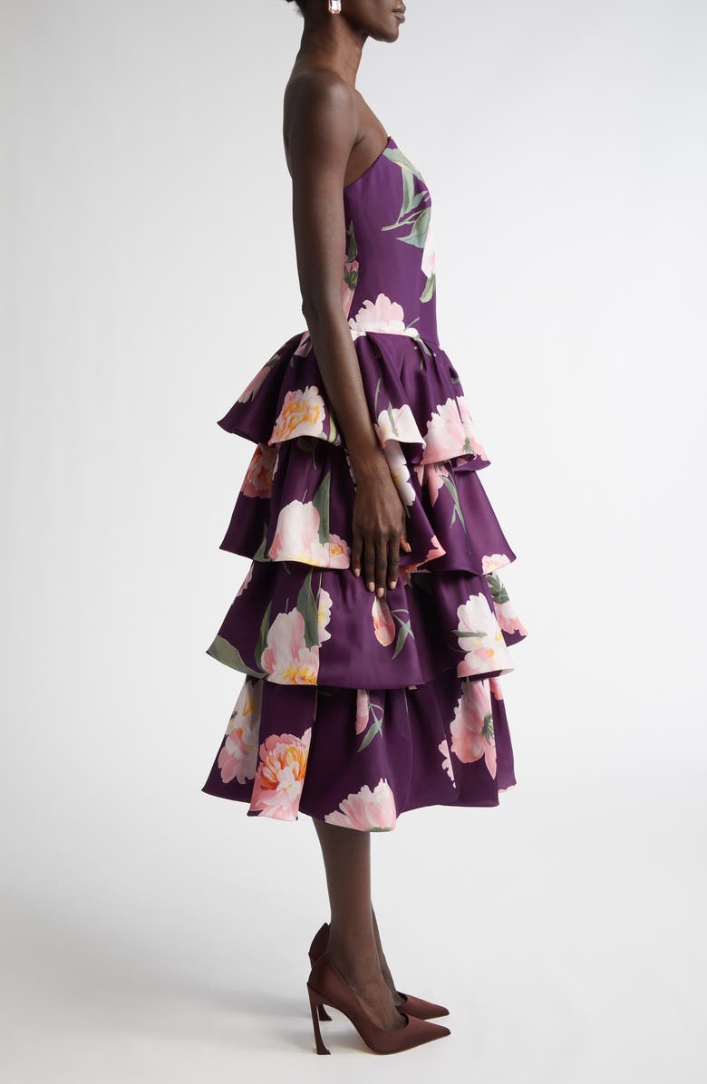 Carolina Herrera Floral Print Strapless Ruffle Midi Dress, Alternate, color,