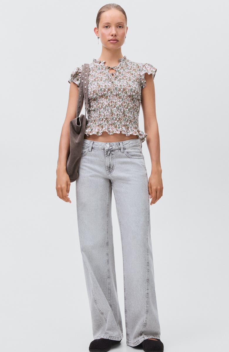 MANGO TEEN Floral Cap Sleeve Smocked Crop Top, Alternate, color, Off White