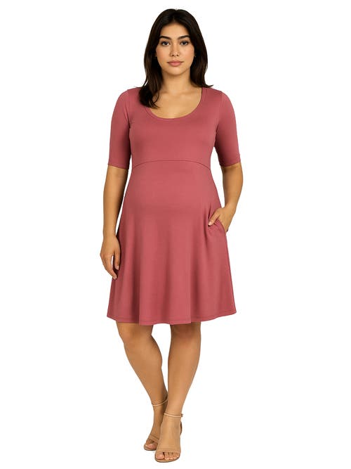 24seven Comfort Apparel Maternity Knee Length A-line Elbow Sleeve Dress In Pink