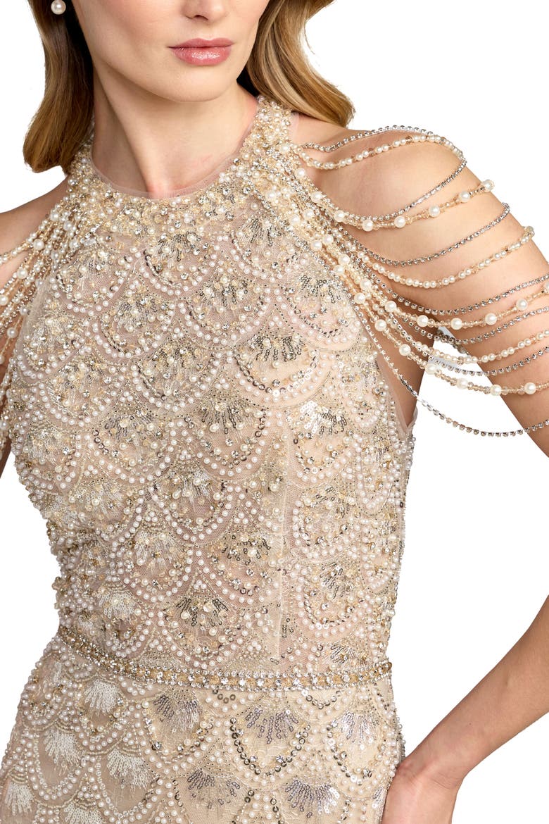Draped Pearl Embellished Column Gown, Alternate, color, Cream Nude