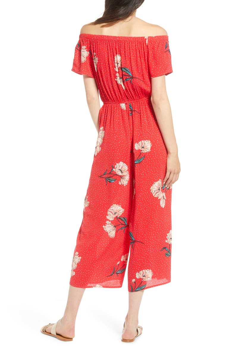 Floral & Polka Dot Off the Shoulder Jumpsuit, Alternate, color, RED FLORAL