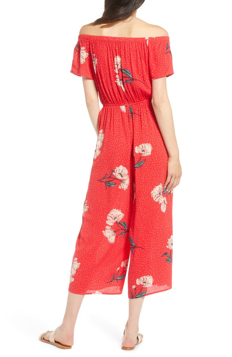 Love, Fire Floral & Polka Dot Off the Shoulder Jumpsuit, Alternate, color, 