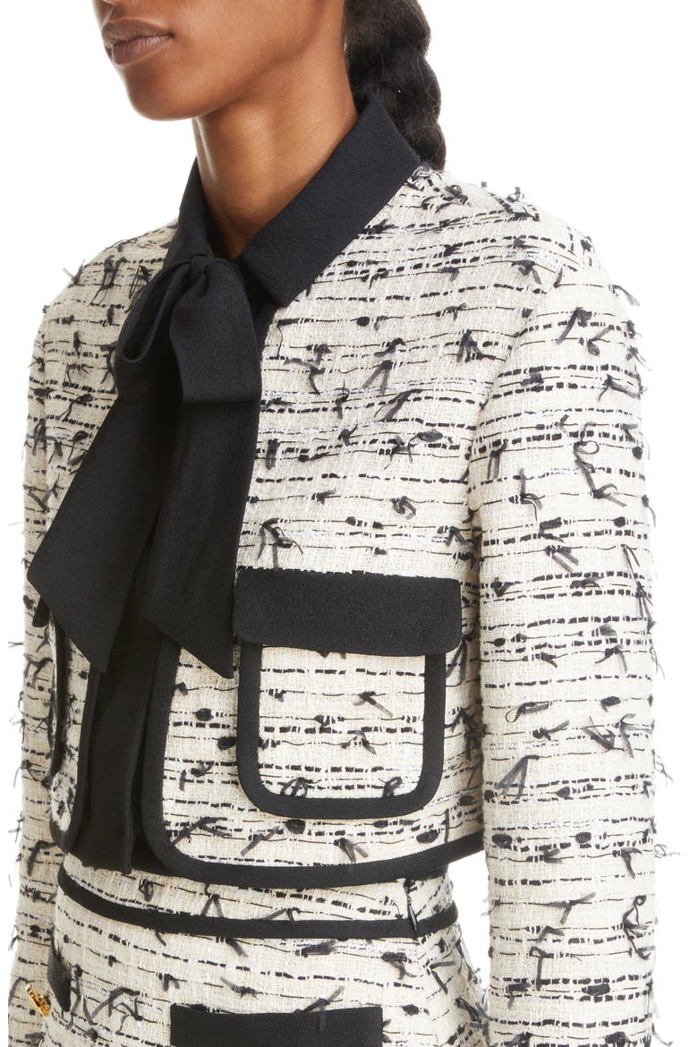 Bow Detail Bouclé Tweed Crop Jacket, Alternate, color, IVORY/ BLACK