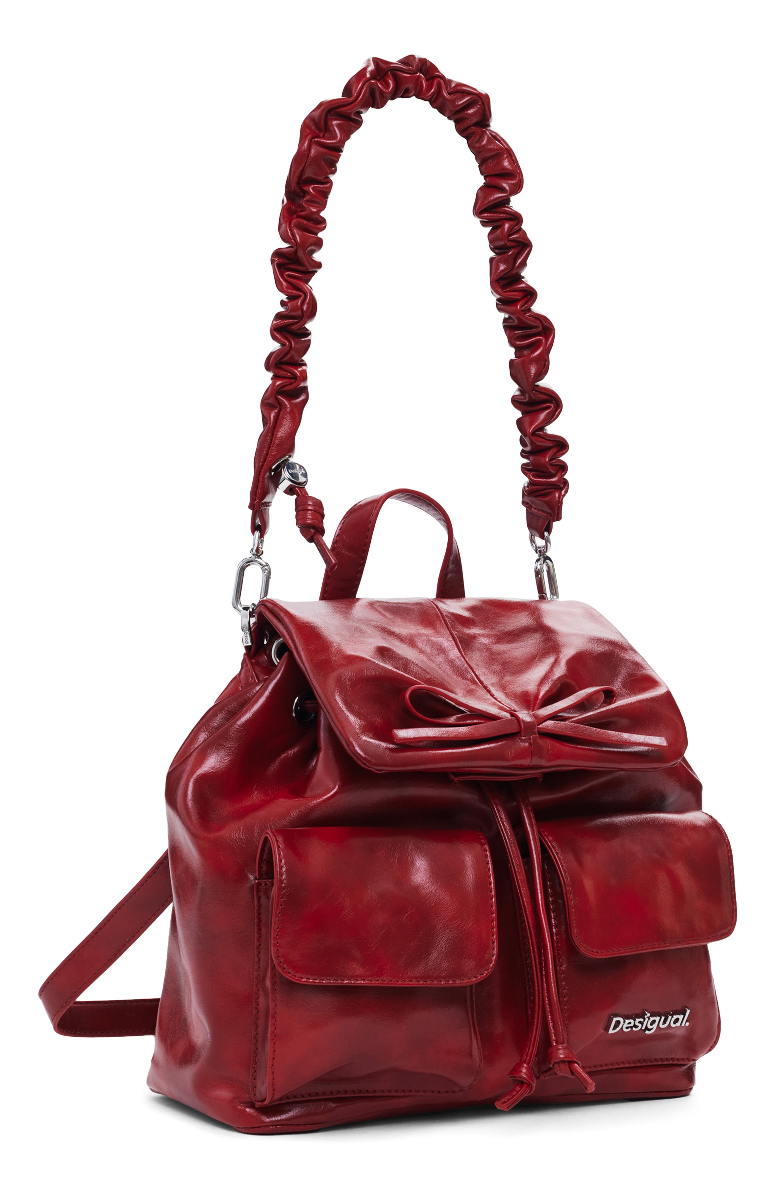 Desigual Bow Accent Faux Leather Backpack, Alternate, color, Red