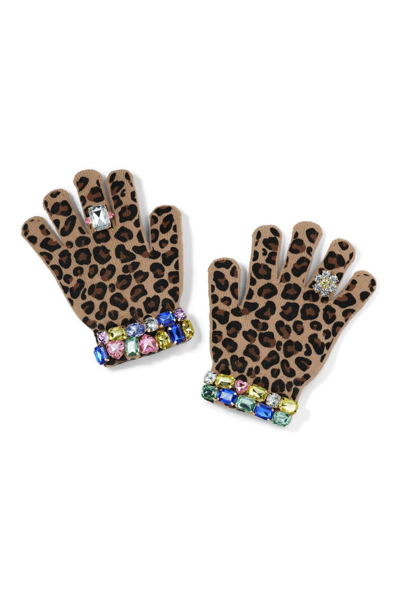 Kids' Embellished Leopard Print Gloves, Main, color, BROWN MULTI