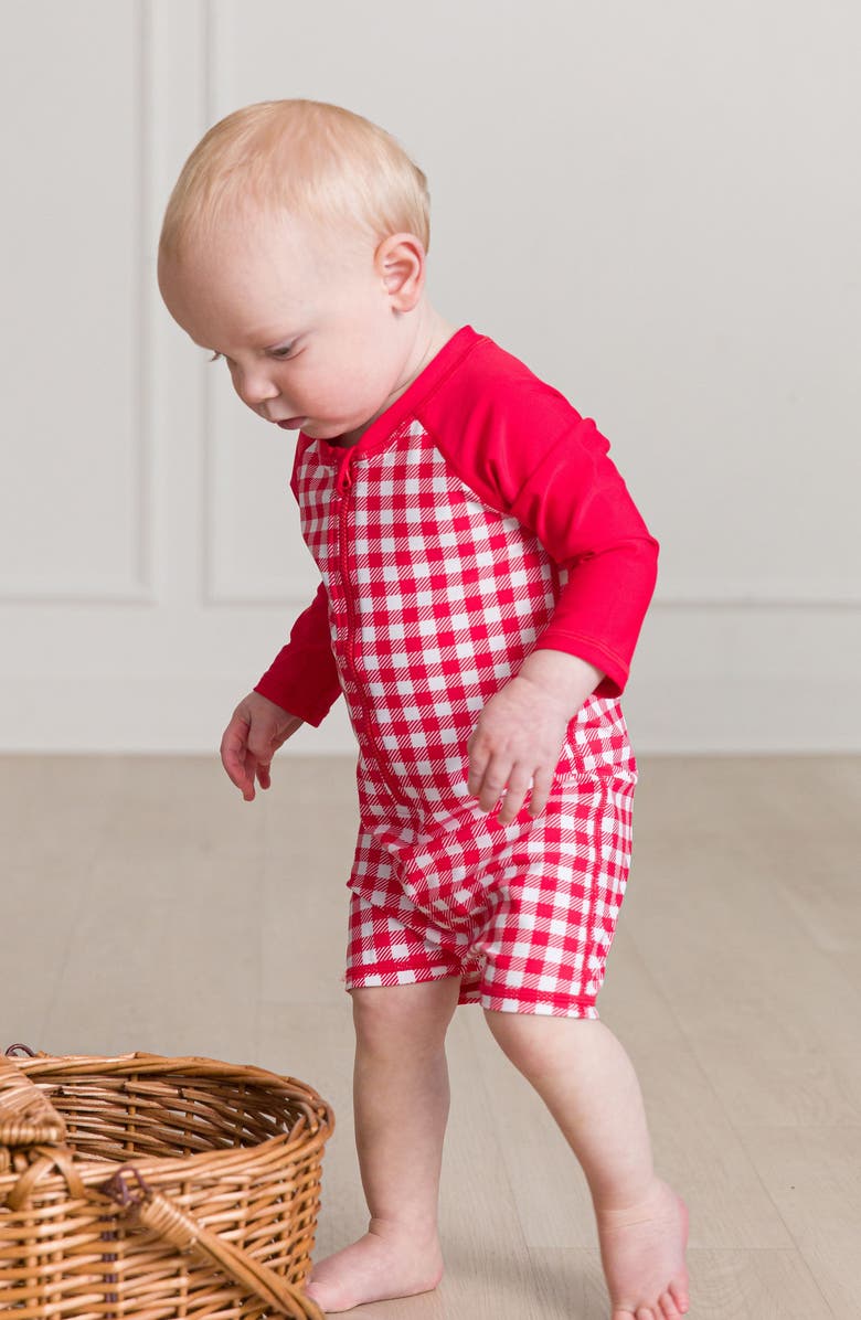 RuggedButts Red Gingham One-Piece Rashguard Swimsuit & Hat Set, Alternate, color, 