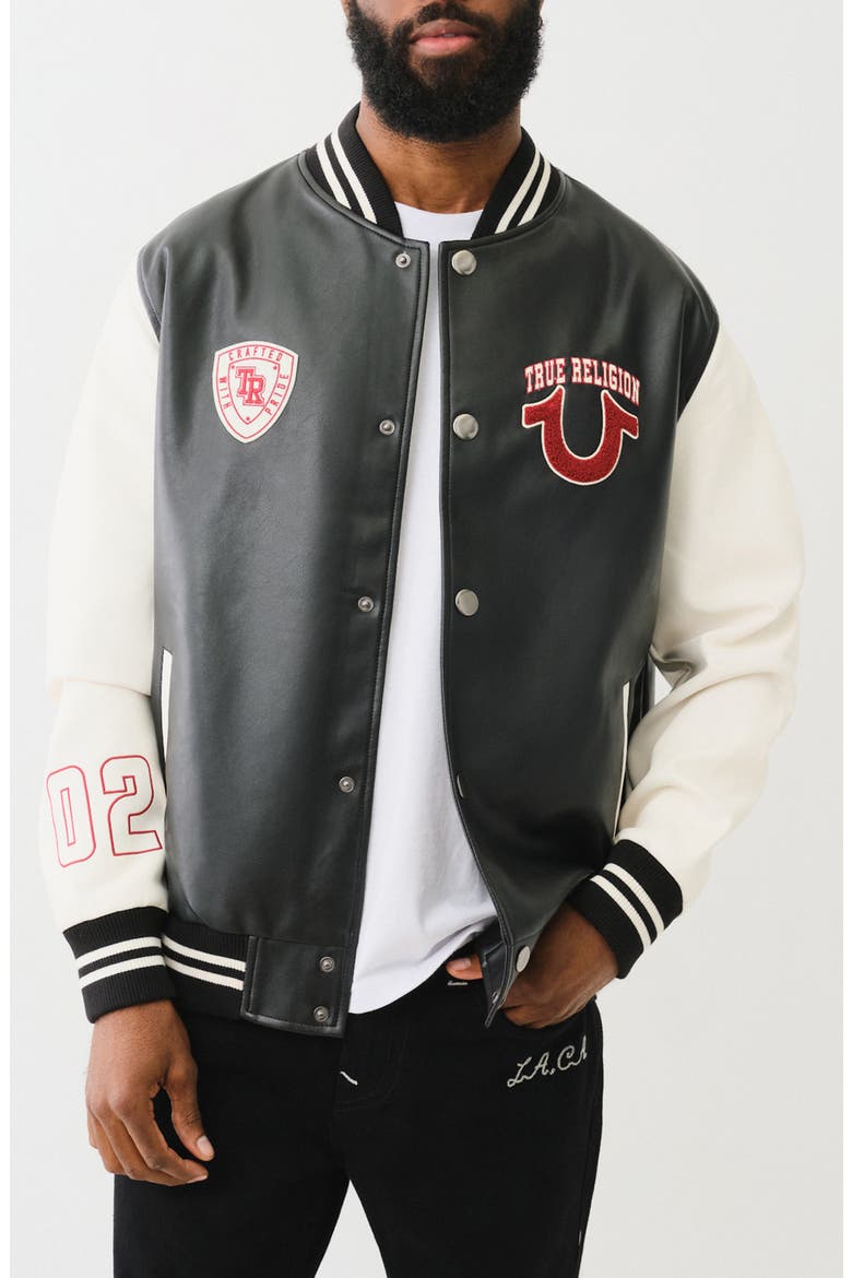 Faux Leather Varsity Jacket, Main, color, BLACK / WINTER WHITE