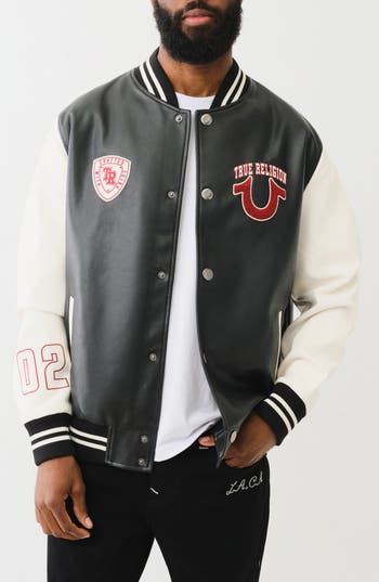 TRUE RELIGION TRUE RELIGION FAUX LEATHER VARSITY JACKET