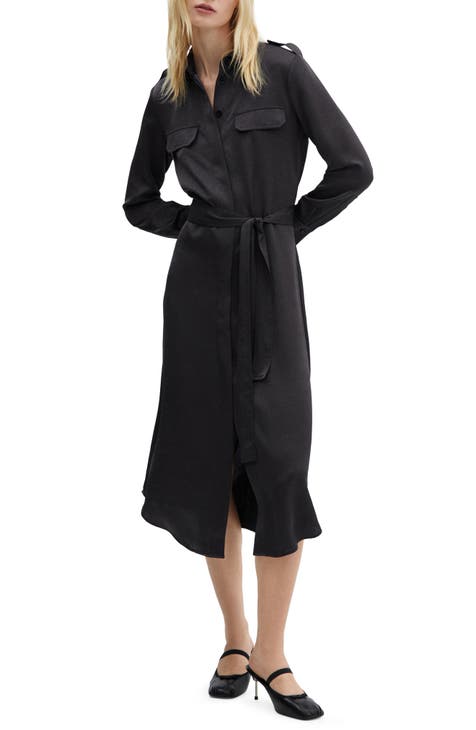 Jana Long Sleeve Textured Satin Midi Shirtdress