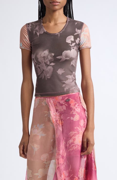 T-Elenewu Colorblock Floral Rib T-Shirt