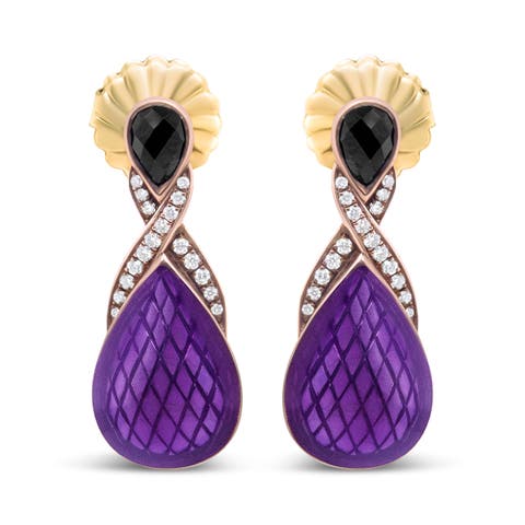 18K Rose Gold over Silver Purple Enamel 1/5 Ct Diamond & Black Onyx Drop Earrings