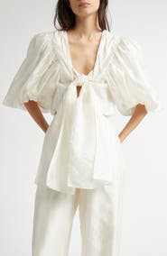 EENK Tie Front Puff Sleeve Silk Bolero Top
