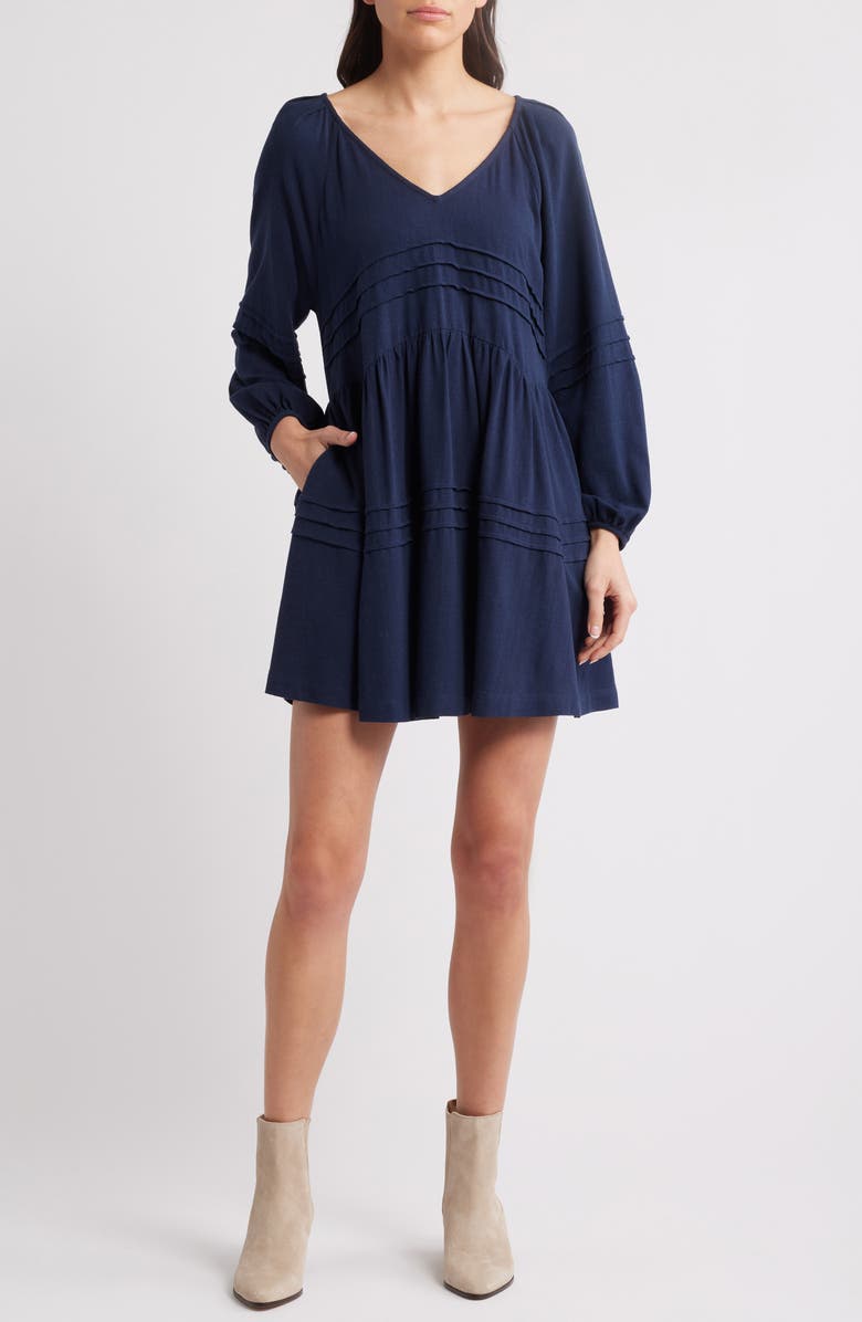Treasure & Bond Pintuck Long Sleeve Minidress, Main, color, Navy