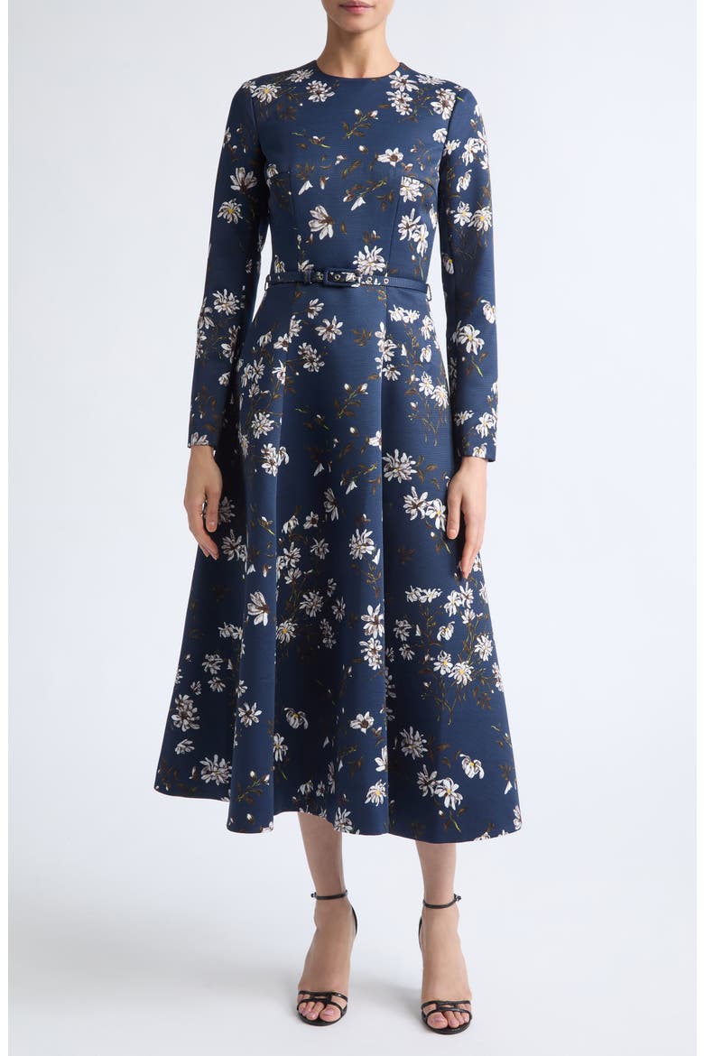 Capucine Floral Print Long Sleeve Belted Satin Midi Dress, Main, color, MAGNOLIA PRINT - MIDNIGHT