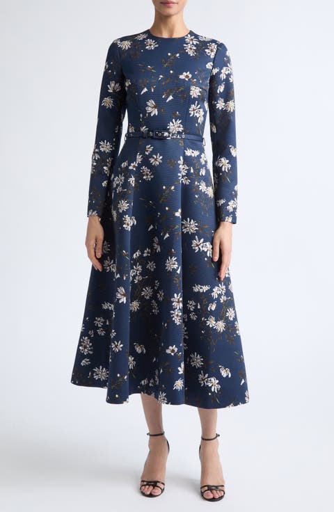 Capucine Floral Print Long Sleeve Belted Satin Midi Dress
