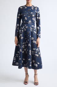 Emilia Wickstead Capucine Floral Print Long Sleeve Belted Satin Midi Dress