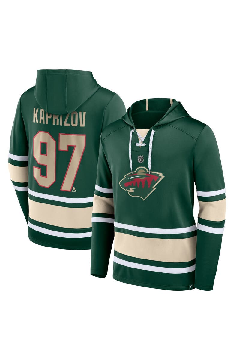 FANATICS Men's Fanatics Branded Kirill Kaprizov Green Minnesota Wild Name & Number Lace-Up Pullover Hoodie, Main, color,