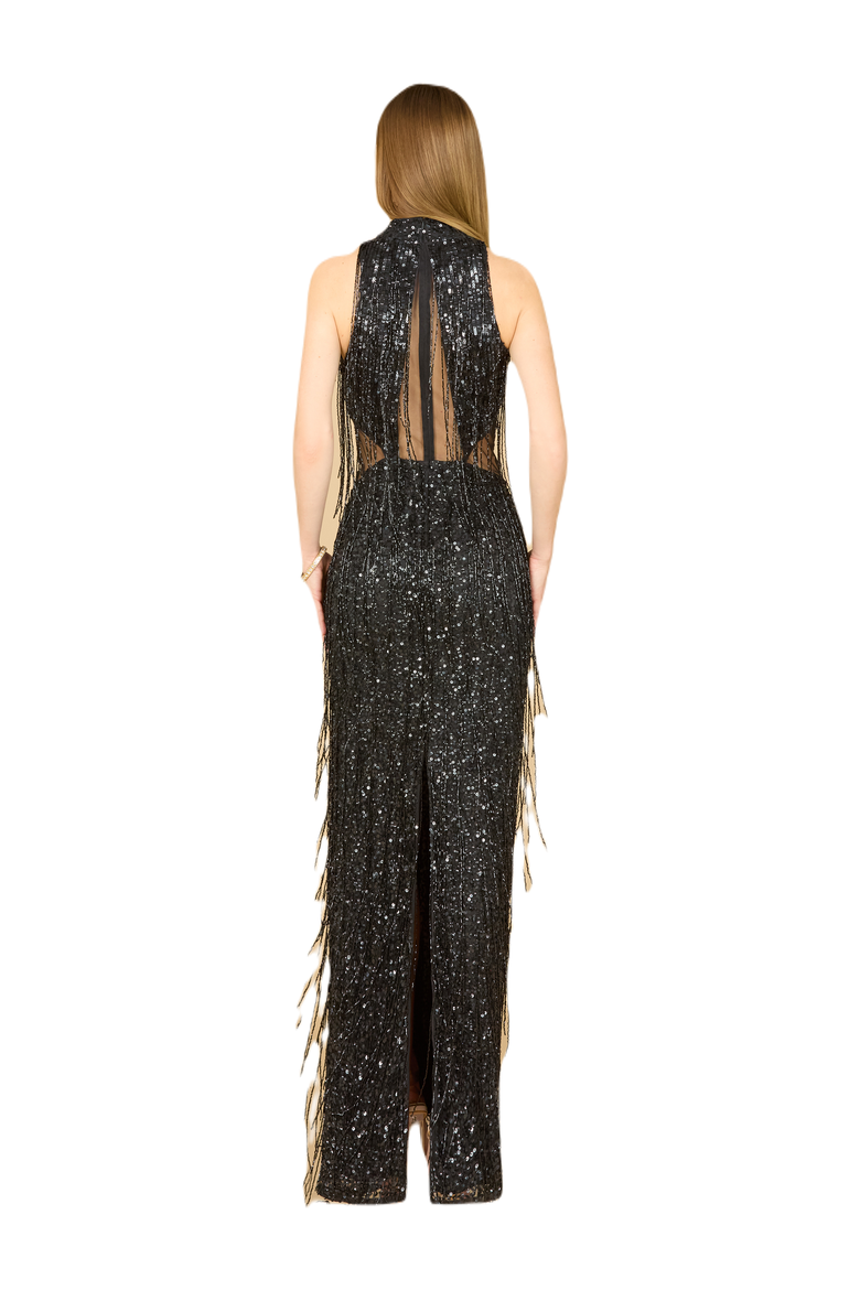 Carrie Fringe Beaded Dress, Alternate, color, Black