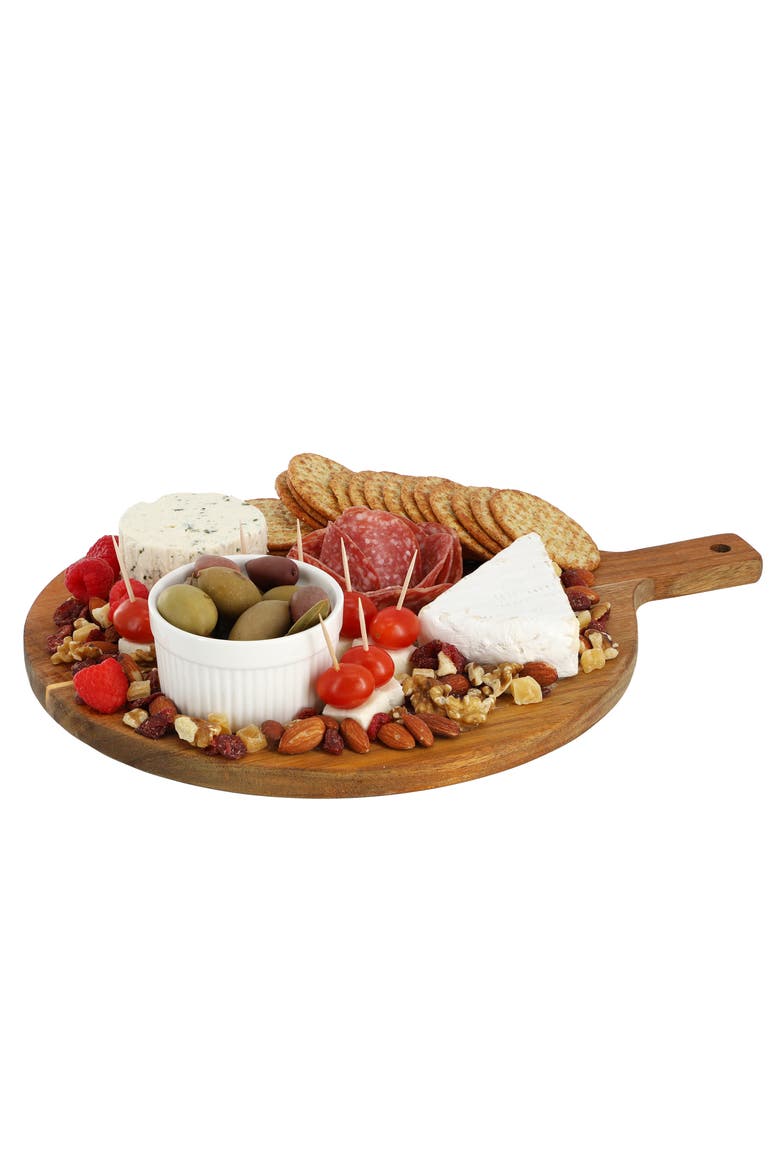 12 Inch Acacia Wood Round Serving Board with Handle, Main, color, Acacia