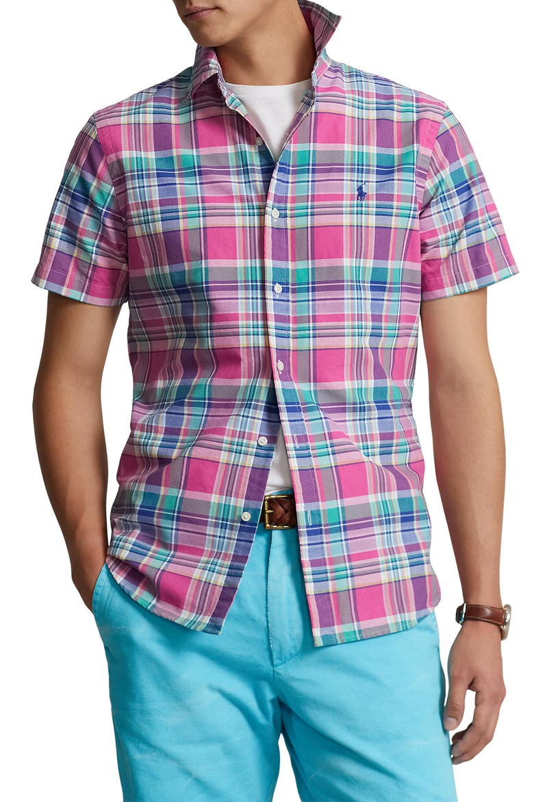 Classic Fit Plaid Short Sleeve Button-Down Oxford Shirt, Main, color, MULTI