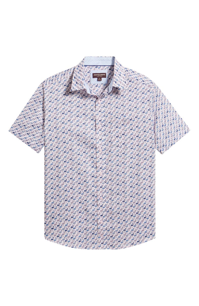 Johnston & Murphy Logan Flamingo Print Short Sleeve Cotton Blend Button-Up Shirt, Main, color, Pink / Blue Flamingos