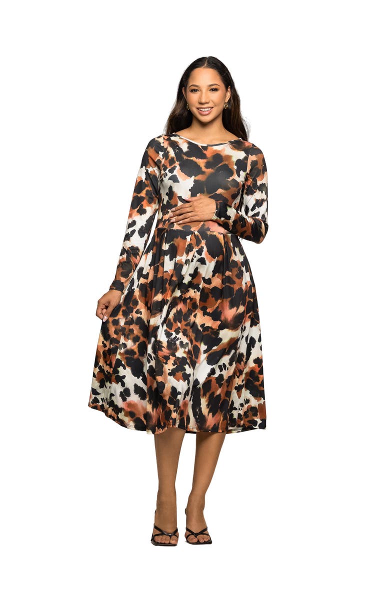 24seven Comfort Apparel Long Sleeve Midi Dress in Animal Print, Main, color, Brown Multi