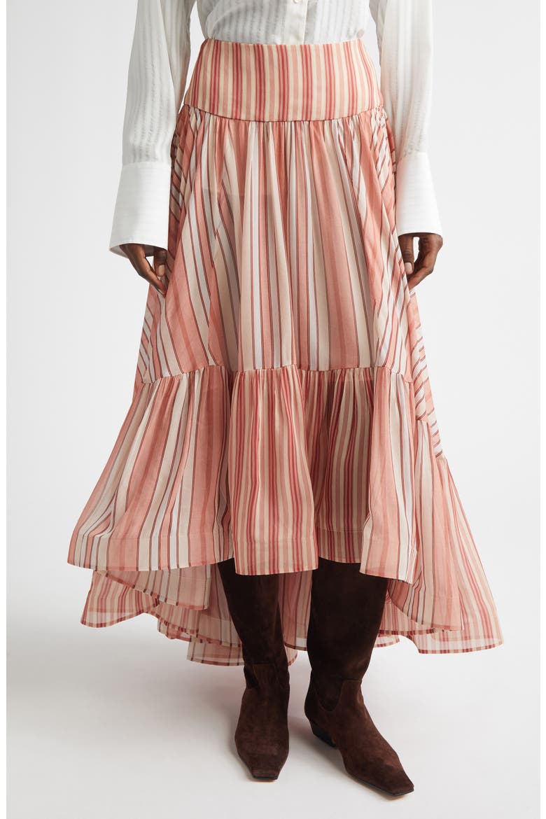 Rebellion Bohemian Stripe Tiered Maxi Skirt, Main, color, RED STRIPE