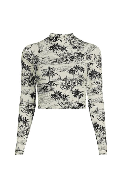 Lands' End Long Sleeve Mock Neck Cropped Upf 50 Sun Protection Rash Guard In Egret White Tropical Scene